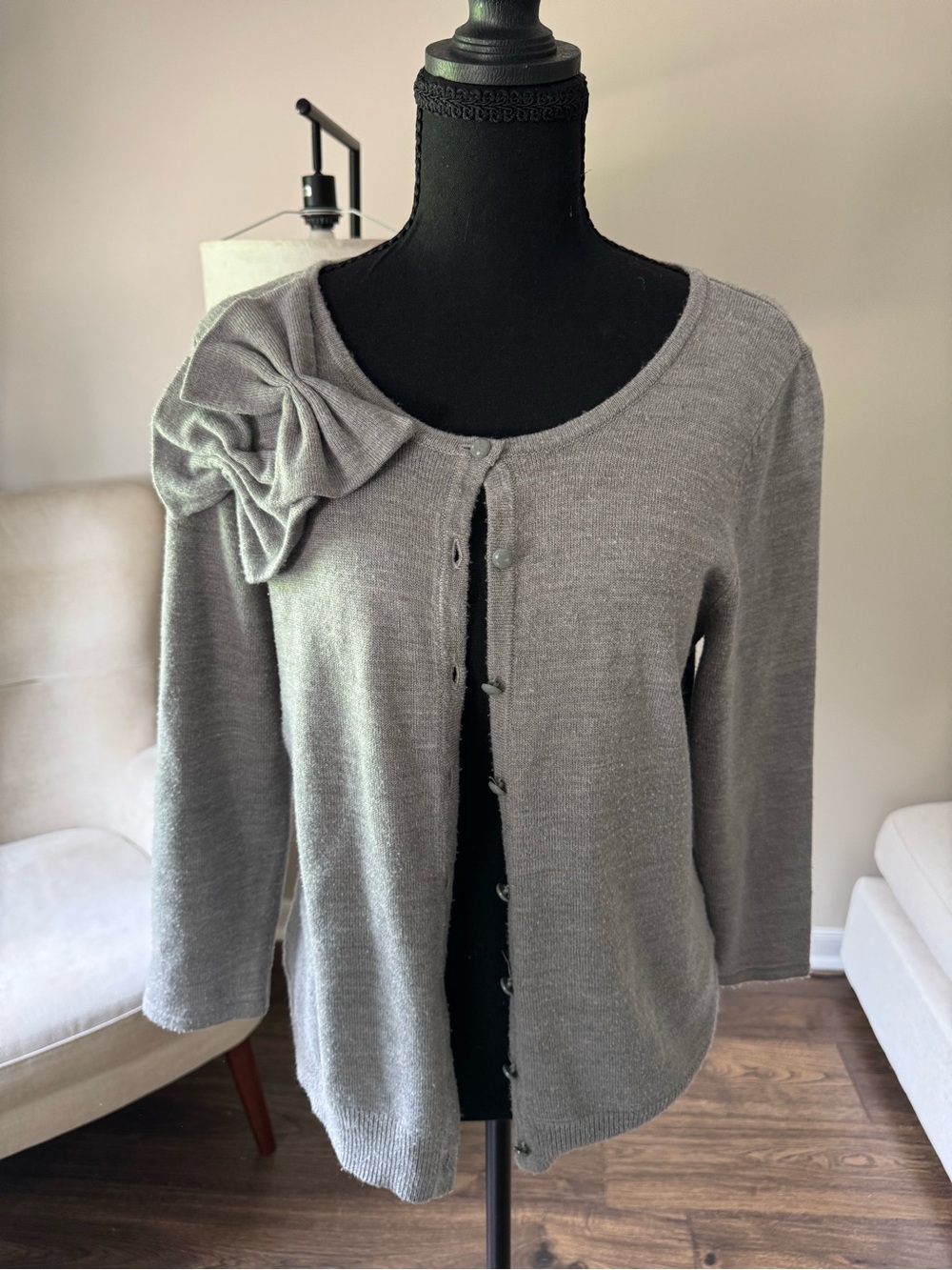 Apostrophe Gray Knit‎ Bow-Trim Cardigan